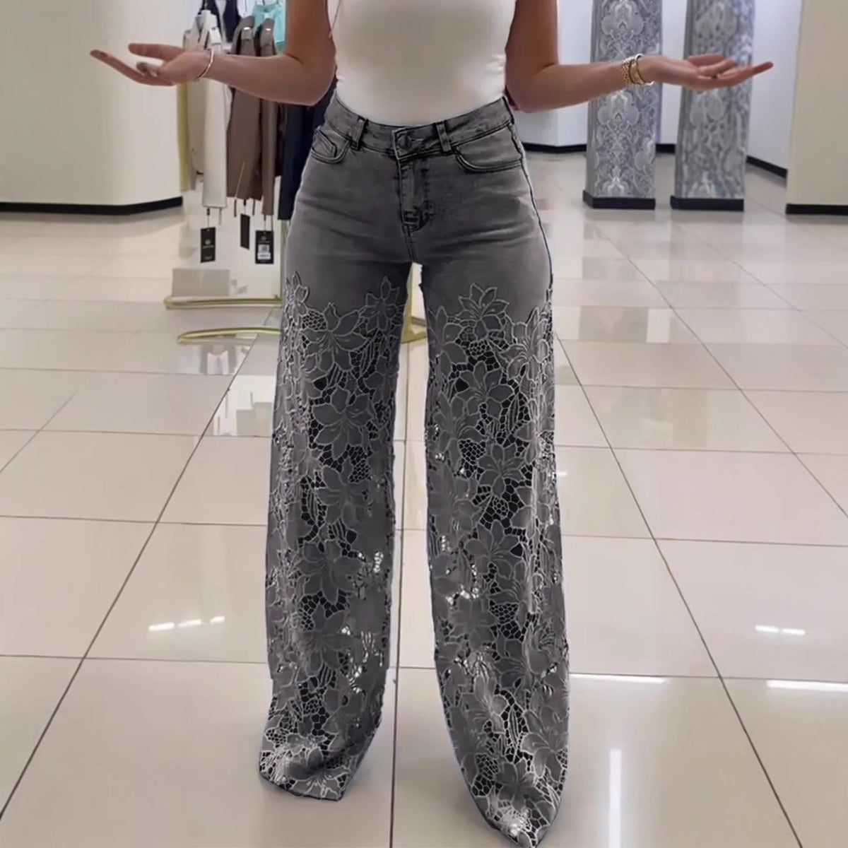 Lace Flowers Hollow Jeans