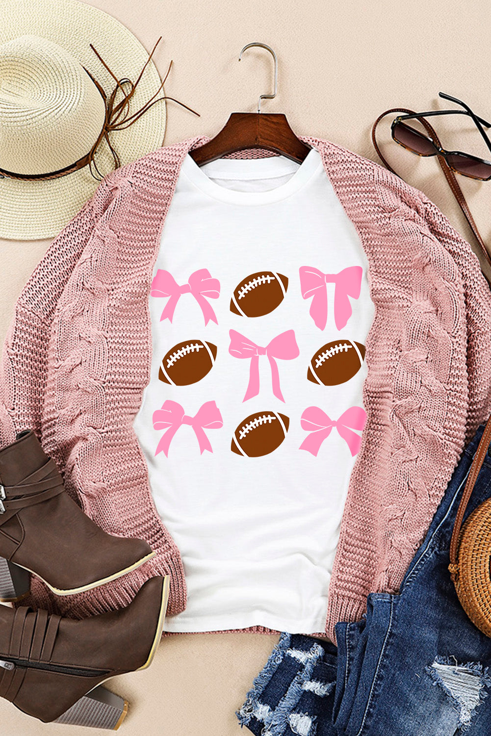 Football & Bow Round Neck Short Sleeve T-Shirt - NawdeX