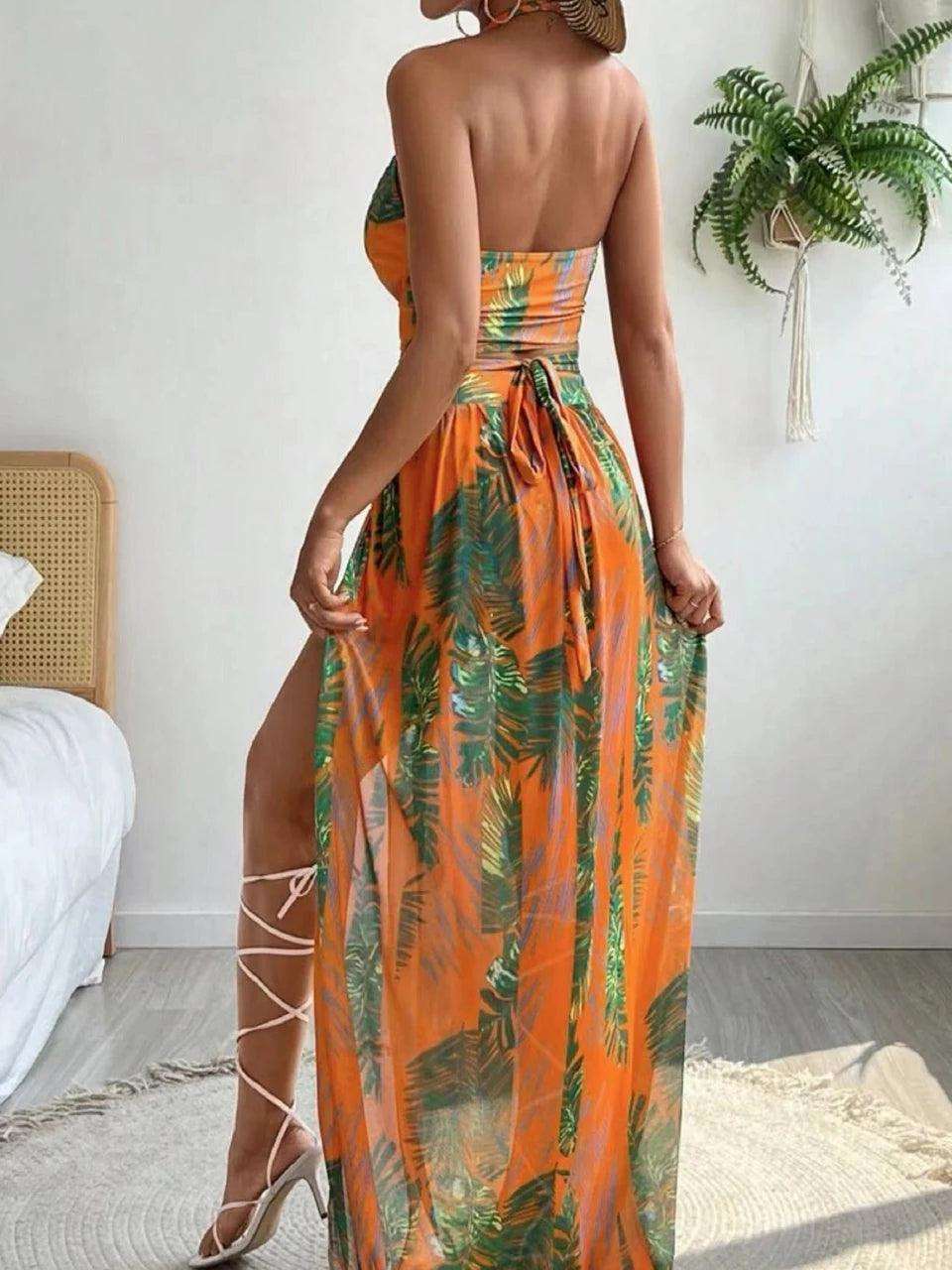 3 Pieces Print Cross Bikini Sexy Halter Swimsuit & Cover Up Beach Dress