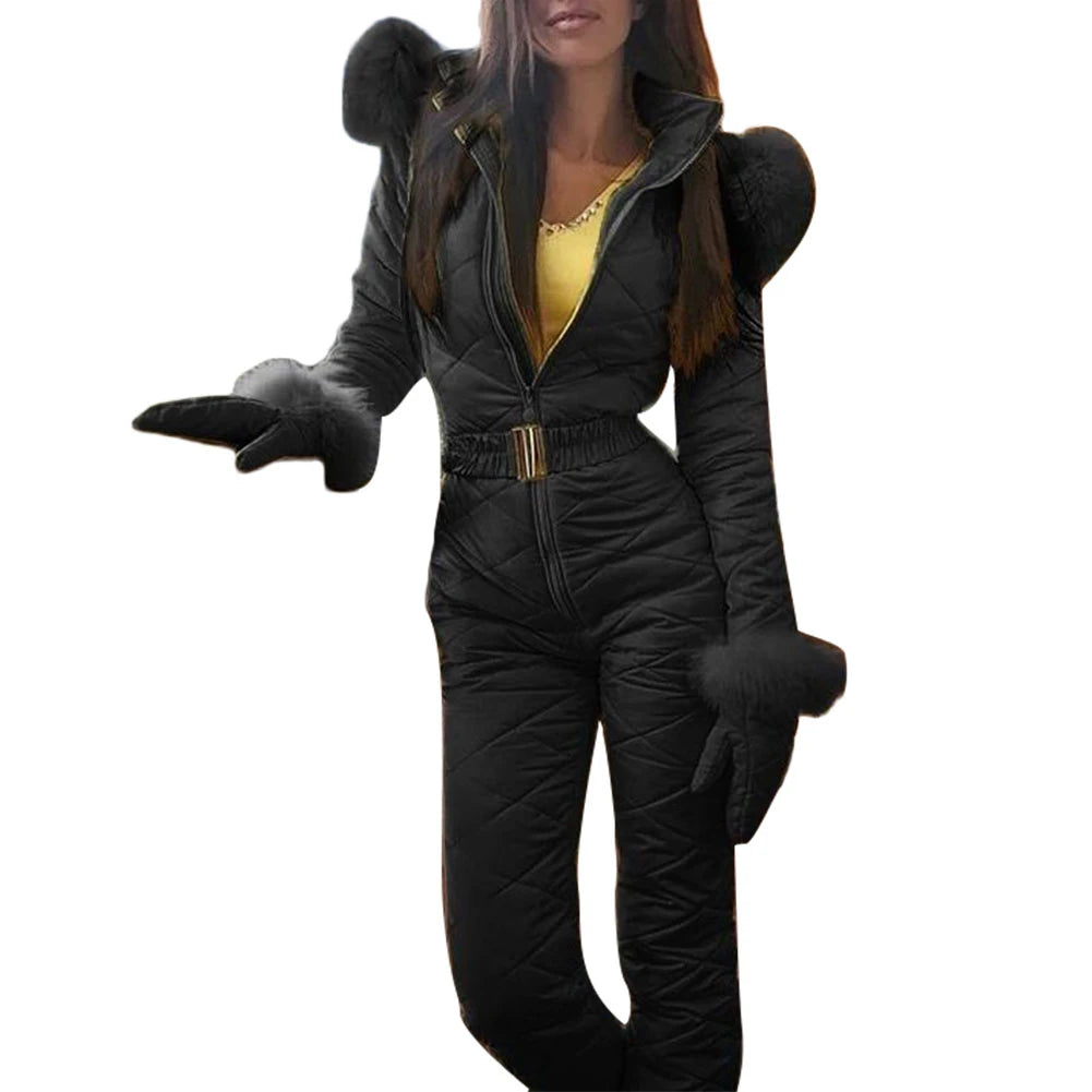 Skiing Zipper Hooded Women Faux Fur Collar Fleece Jumpsuit - NawdeX