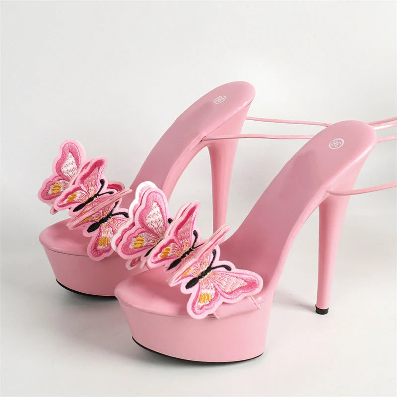 Cross Strap Platform Embroidery Butterfly Open Heels - NawdeX
