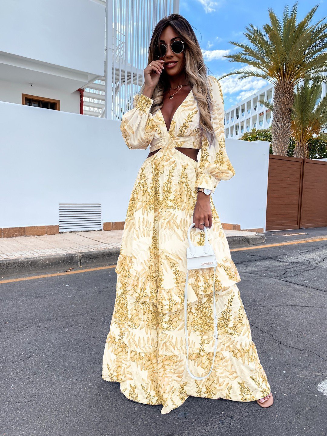 Hollow Floral V-neck Long-sleeved Dress