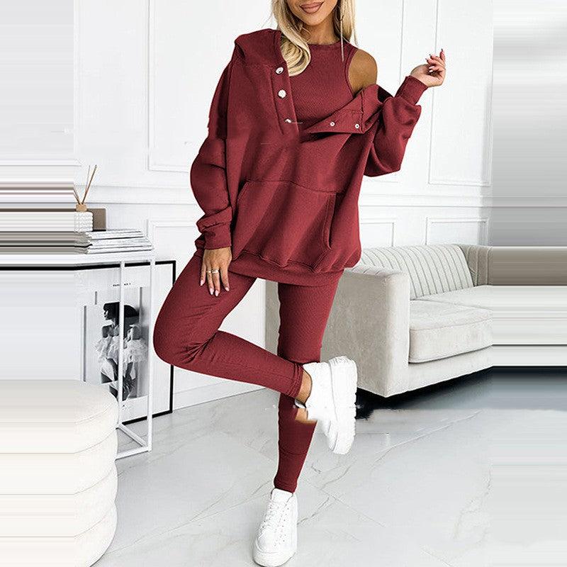 3pcs Women's Sports Loose Hooded Sweatshirt ,Vest And Slim Trousers - NawdeX