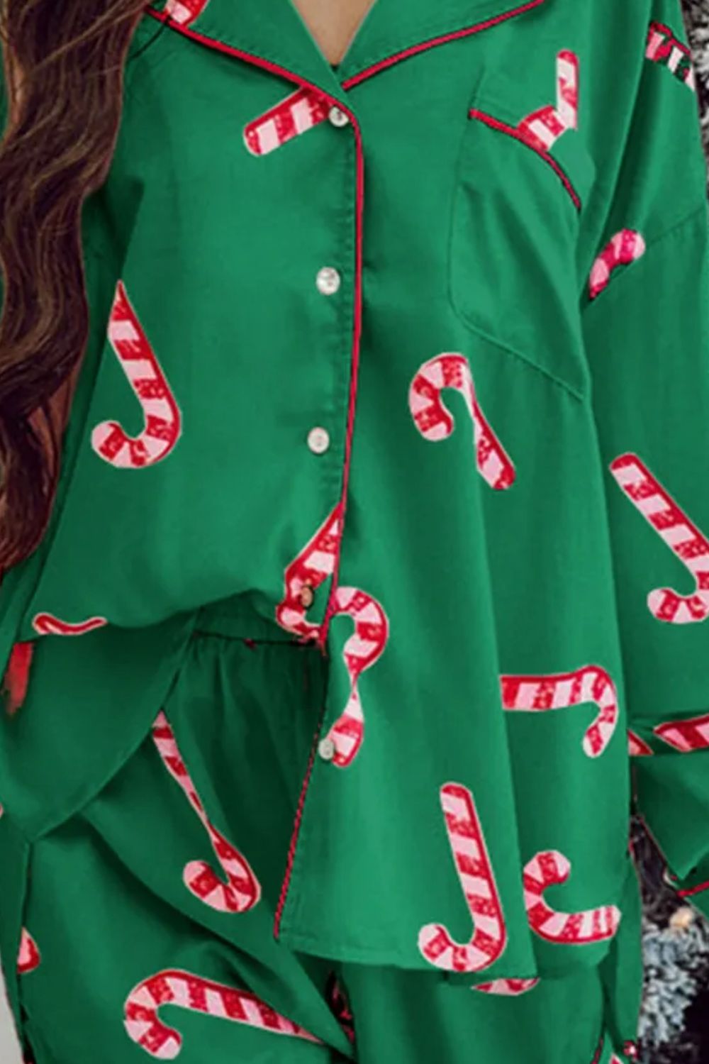 Candy Cane Collared Neck Long Sleeve Top and Shorts Lounge Set - NawdeX