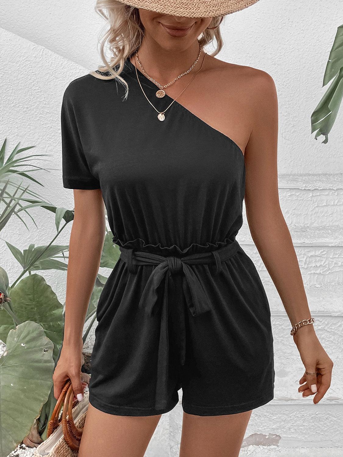 Single Shoulder Tie Waist Romper - NawdeX