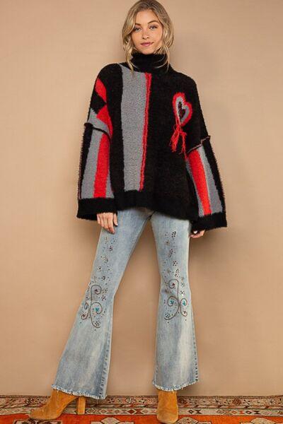 POL Turtleneck Color Block Fringe Detail Sweater - NawdeX