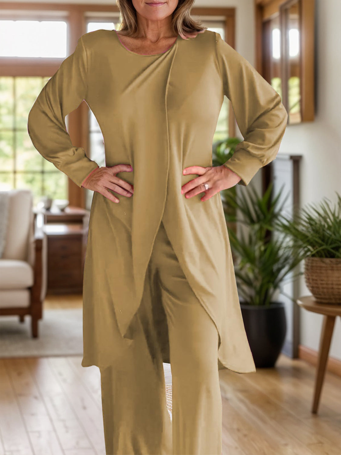 Full Size Slit Round Neck Long Sleeve Top and Pants Set - NawdeX