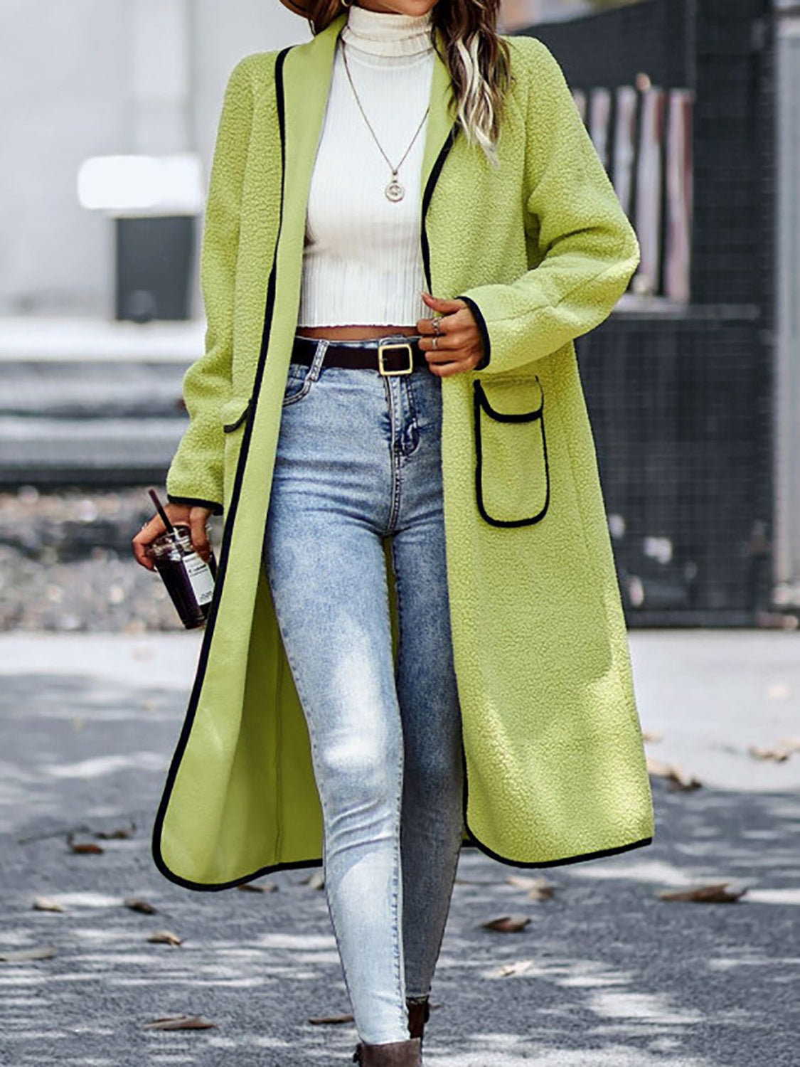 Full Size Contrast Trim Long Sleeve Coat with Pockets - NawdeX