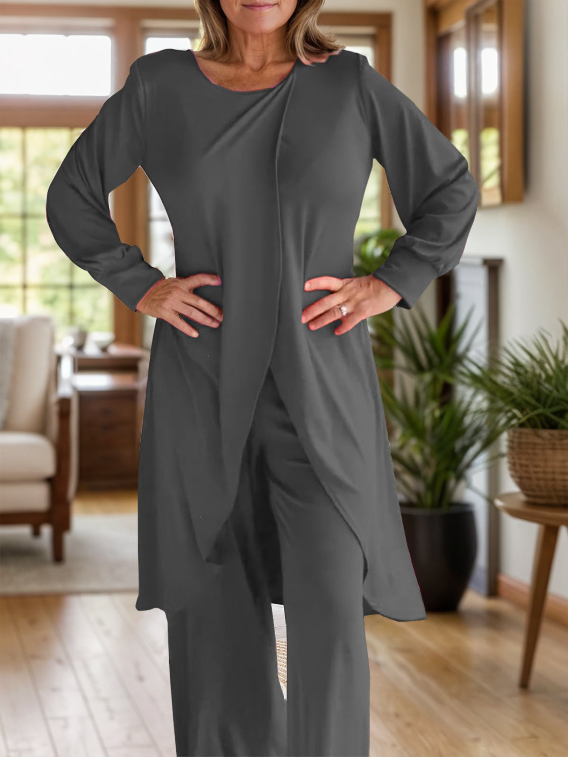 Full Size Slit Round Neck Long Sleeve Top and Pants Set - NawdeX