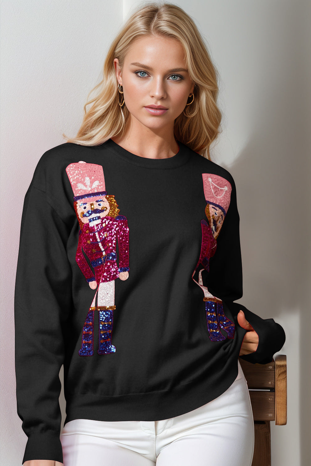 Double Take Full Size Nutcracker Sequin Long Sleeve Sweater - NawdeX