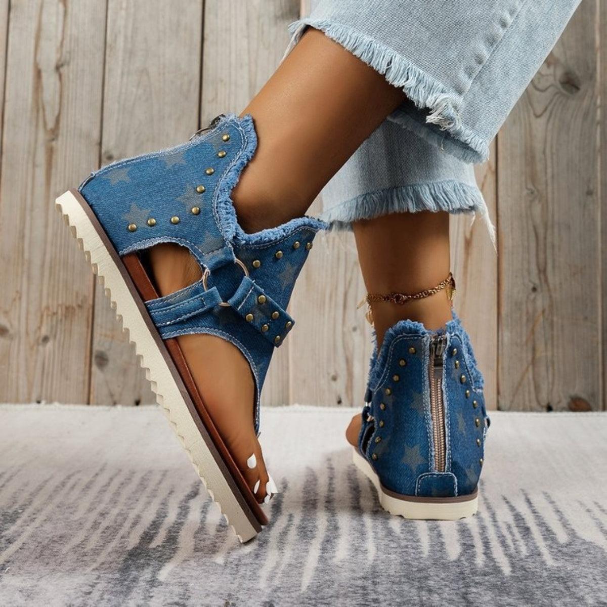 Studded Raw Hem Flat Sandals - NawdeX