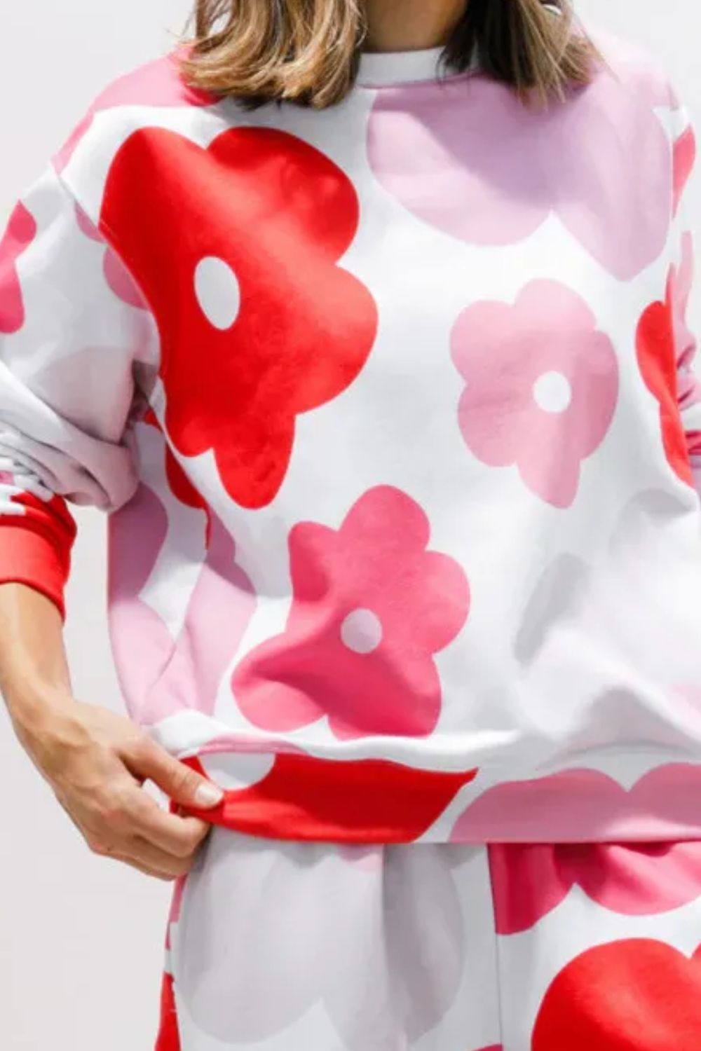 Flower Round Neck Long Sleeve Top and Pants Lounge Set - NawdeX
