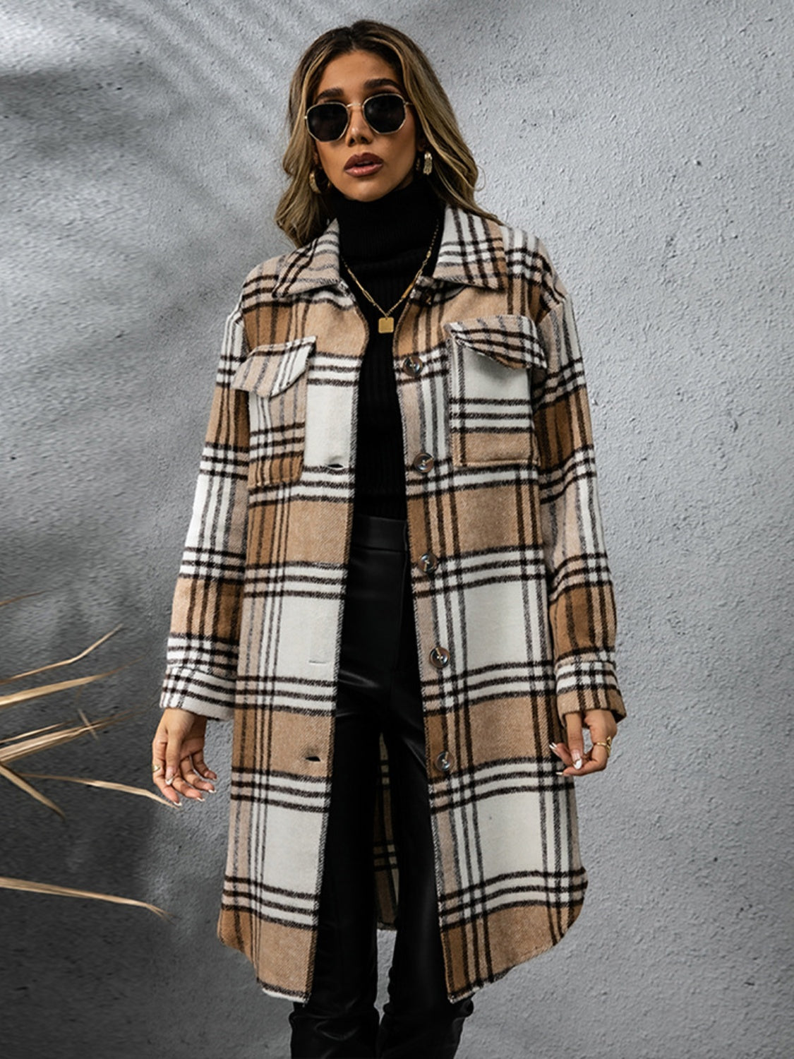 Plaid Collared Neck Long Sleeve Coat - NawdeX