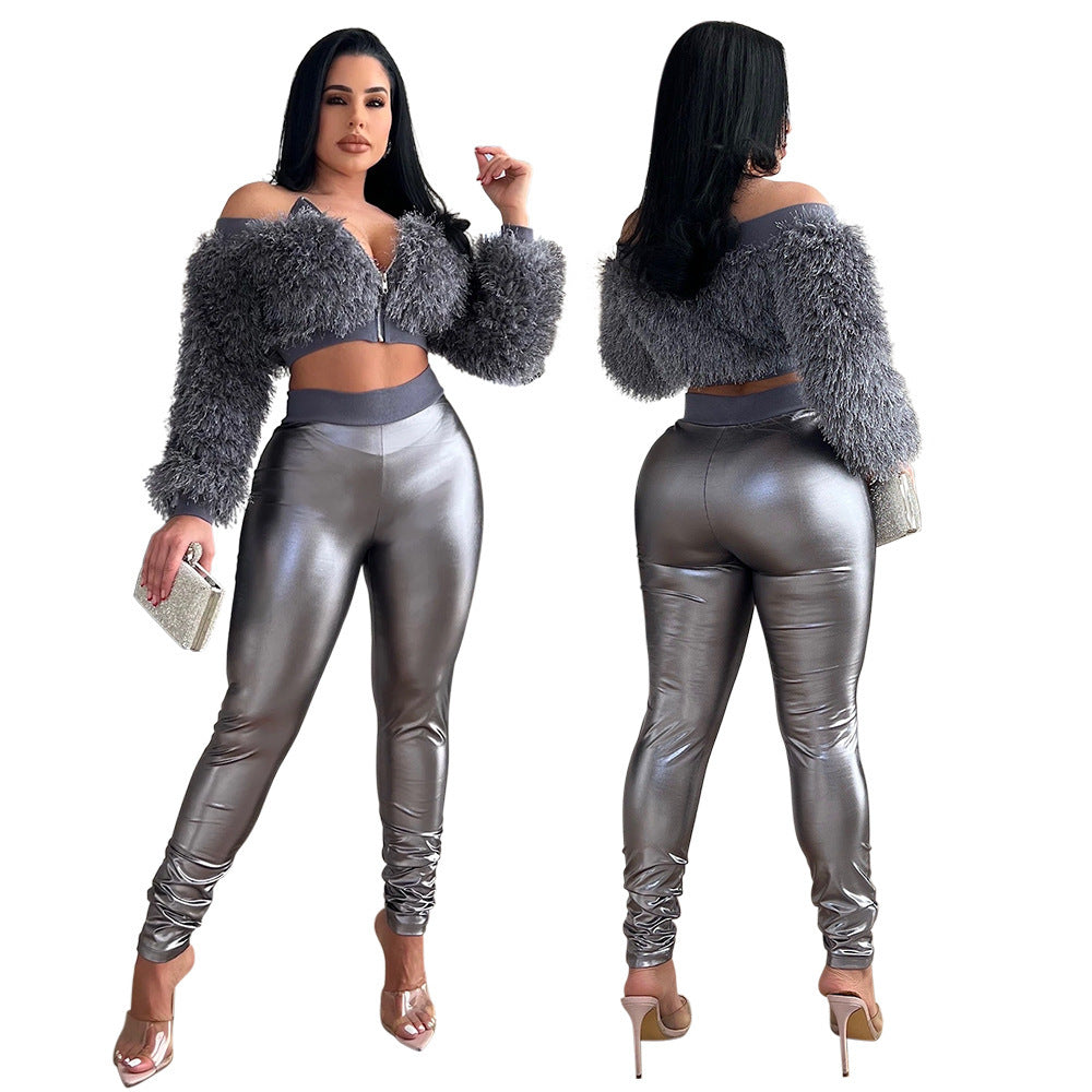 Furry Crop Top Slim Trousers Set - NawdeX