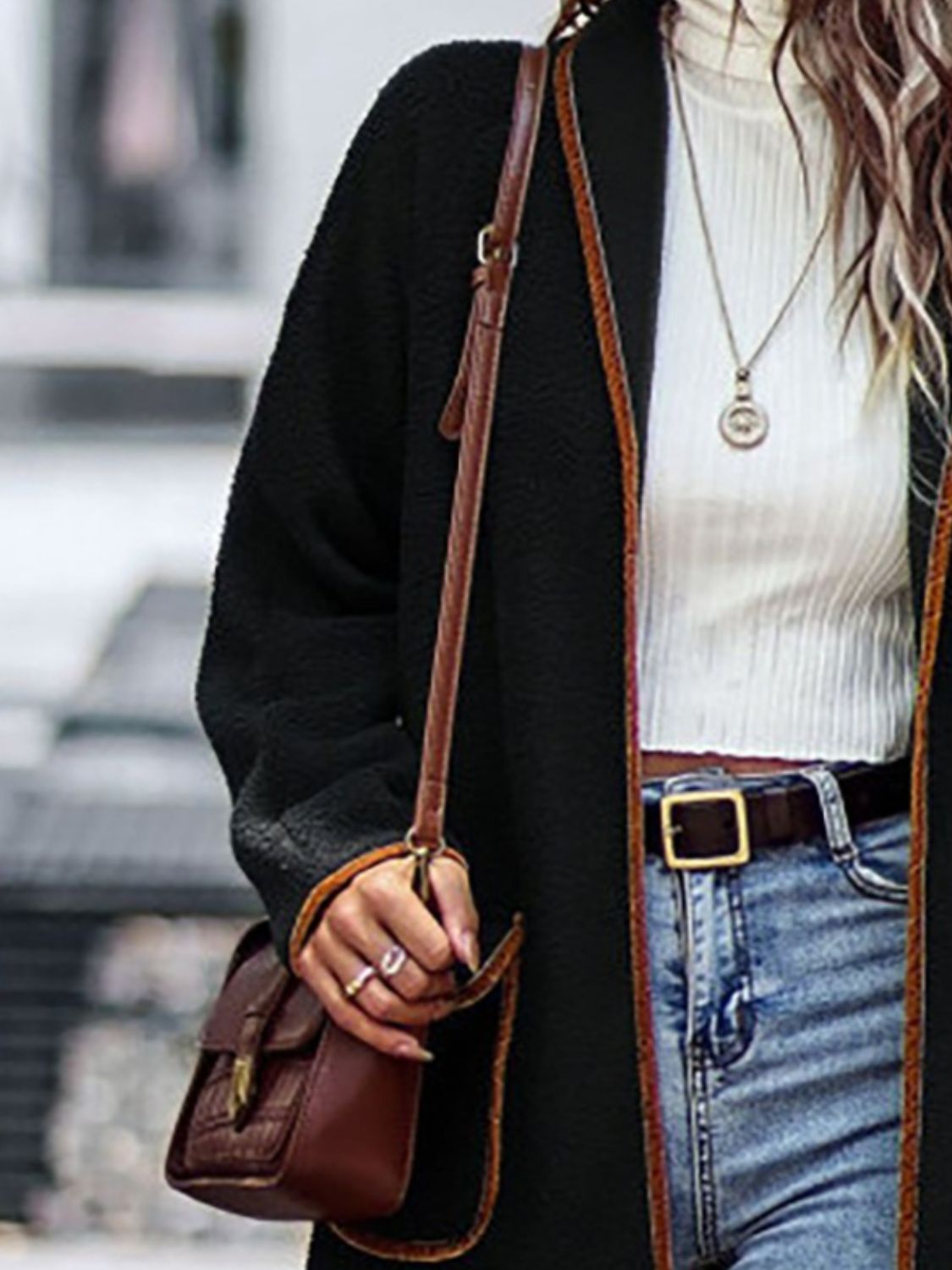 Full Size Contrast Trim Long Sleeve Coat with Pockets - NawdeX