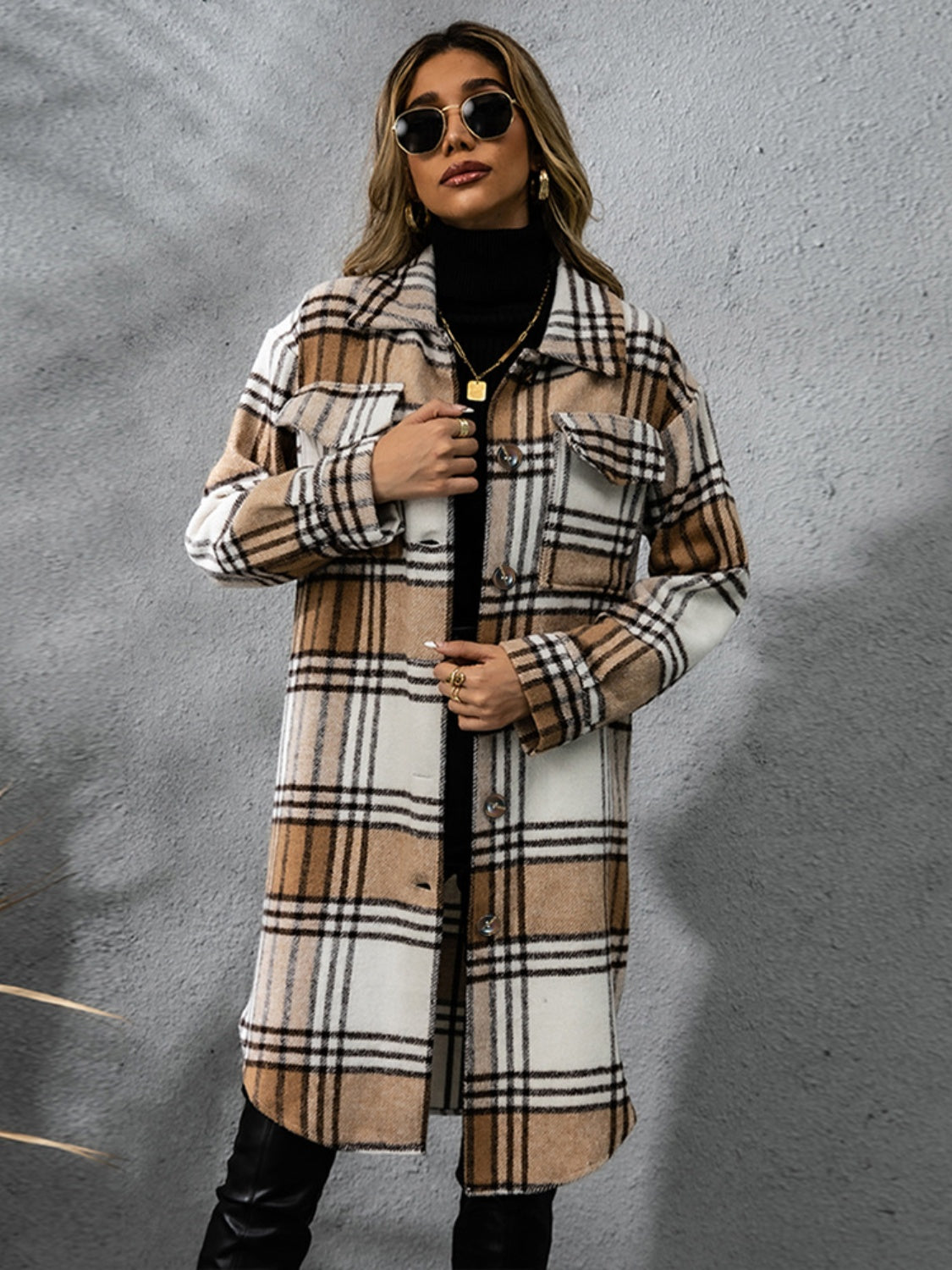 Plaid Collared Neck Long Sleeve Coat - NawdeX