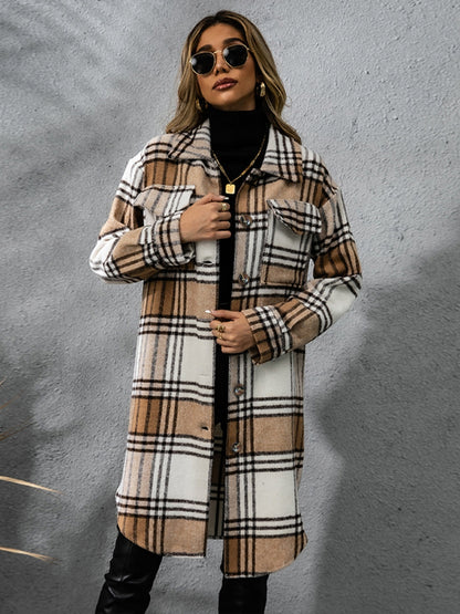 Plaid Collared Neck Long Sleeve Coat - NawdeX