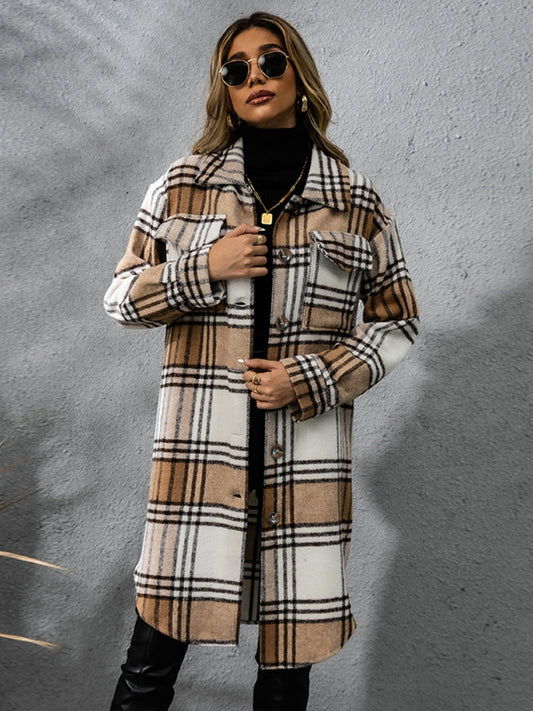 Plaid Collared Neck Long Sleeve Coat - NawdeX