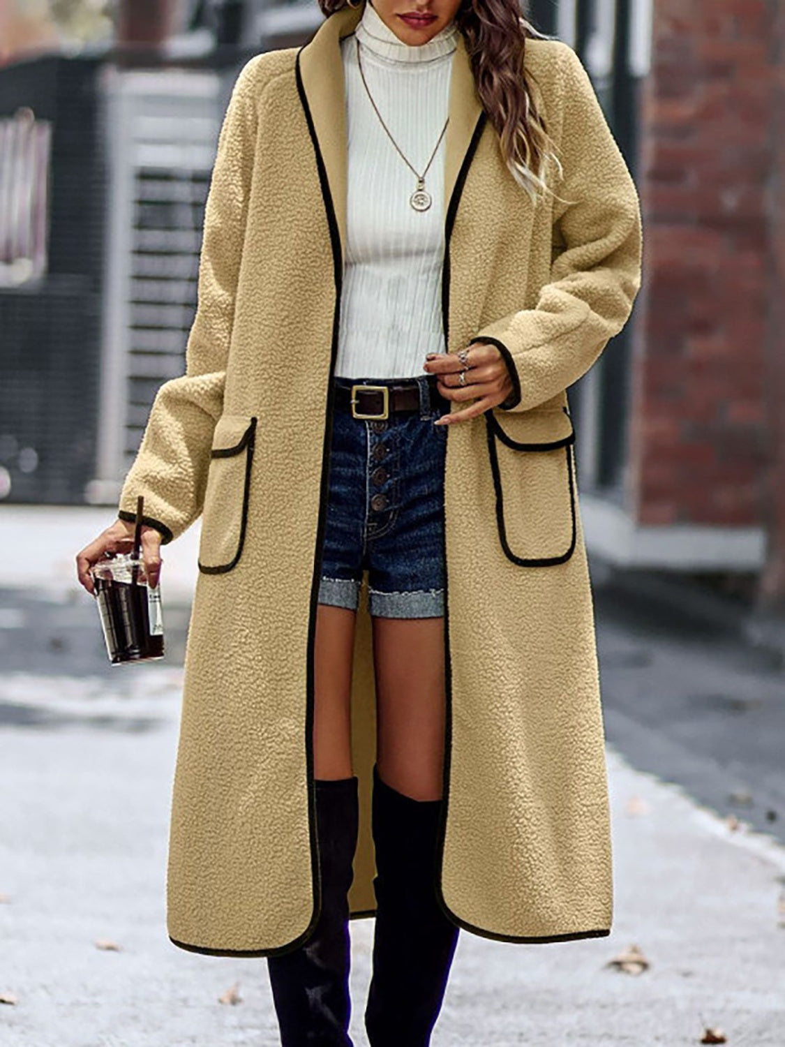 Full Size Contrast Trim Long Sleeve Coat with Pockets - NawdeX