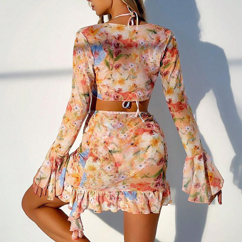 New European And American Printing Stylish Beach Dress Bikini Four-piece Suit - NawdeX