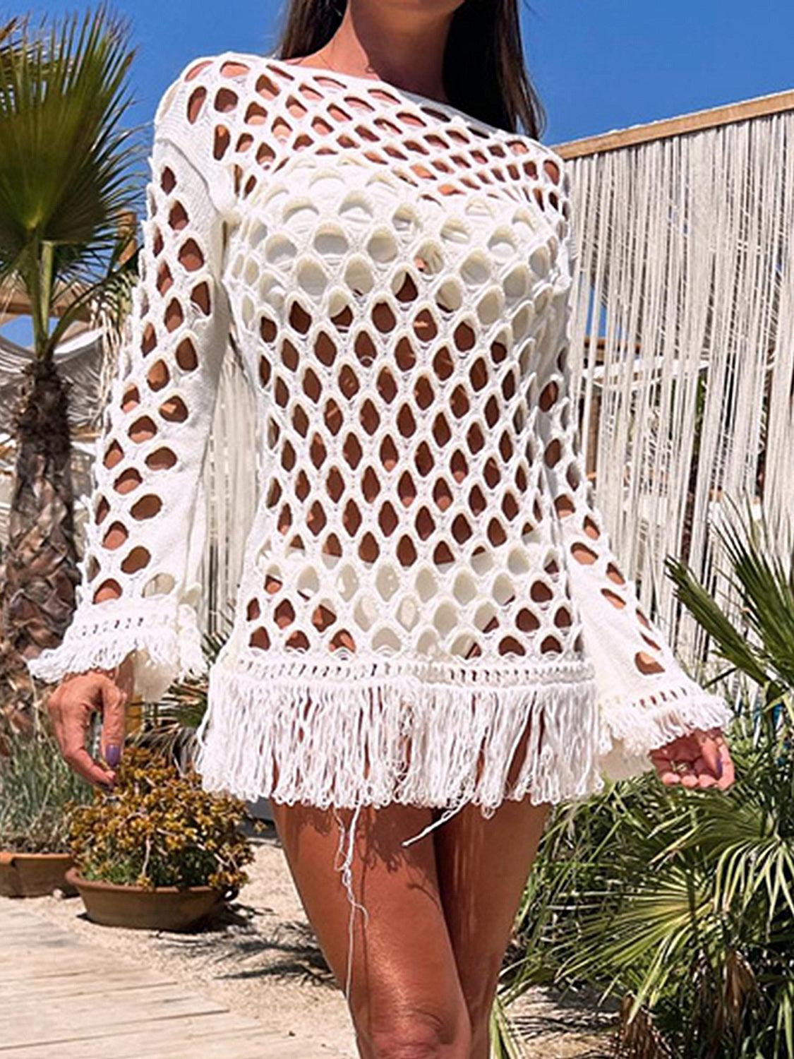 Fringe Cutout Long Sleeve Cover Up - NawdeX