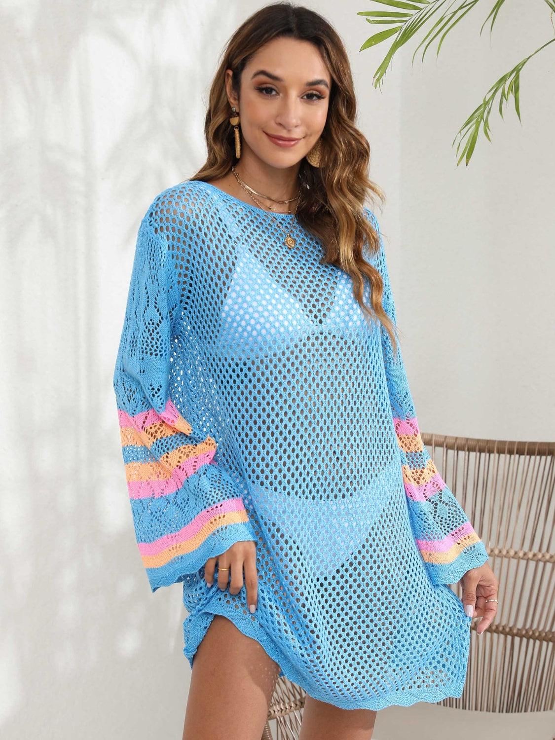 Openwork Contrast Long Sleeve Cover-Up - NawdeX