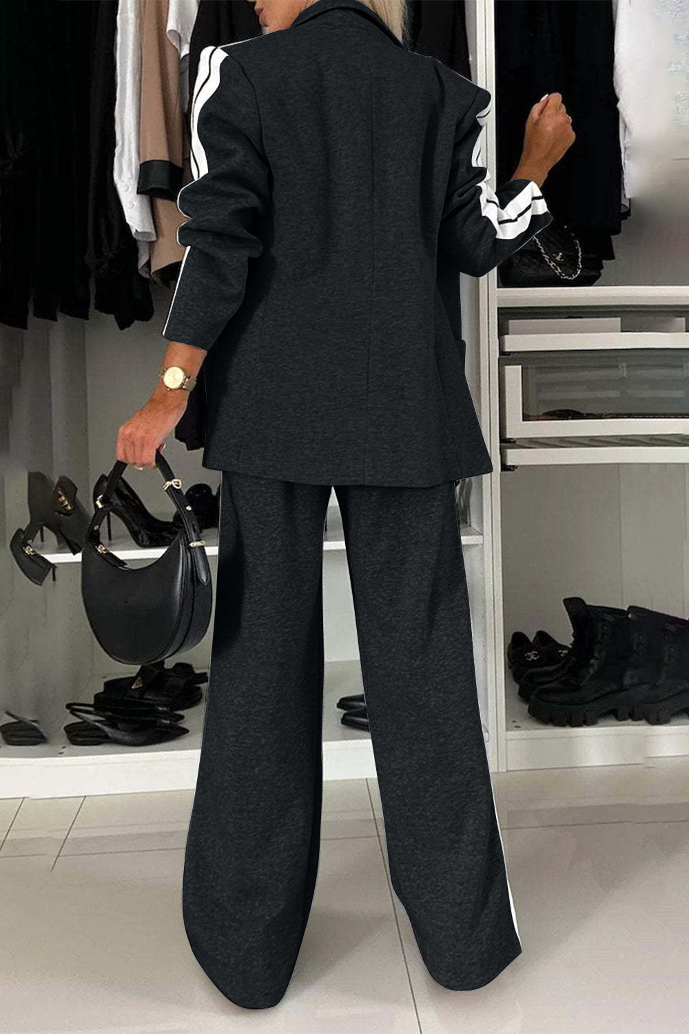 Full Size Contrast Lapel Collar Top and Pants Set - NawdeX