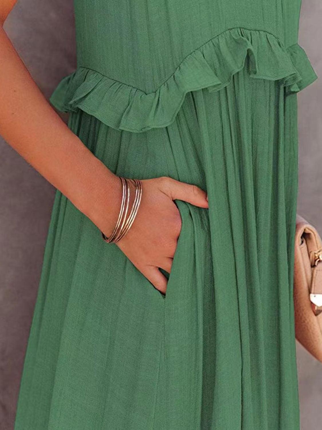 Ruffled Sleeveless Maxi Dress with Pockets - NawdeX