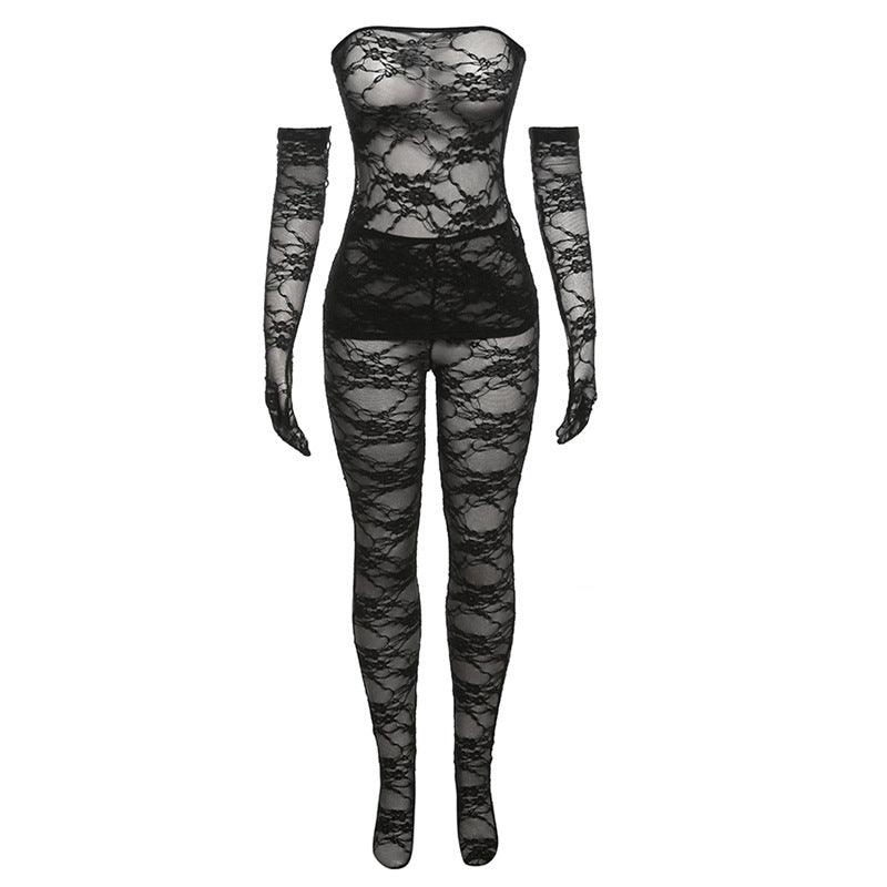 Women's Fashion Lace Tube Top High Waist Tight Body Stocking Long Pants Suit - NawdeX