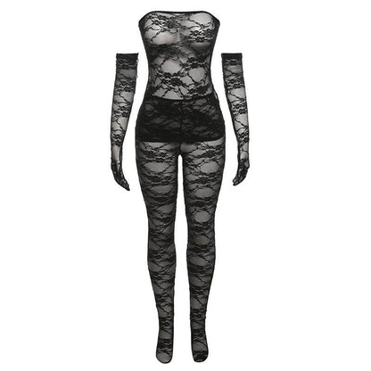 Women's Fashion Lace Tube Top High Waist Tight Body Stocking Long Pants Suit - NawdeX