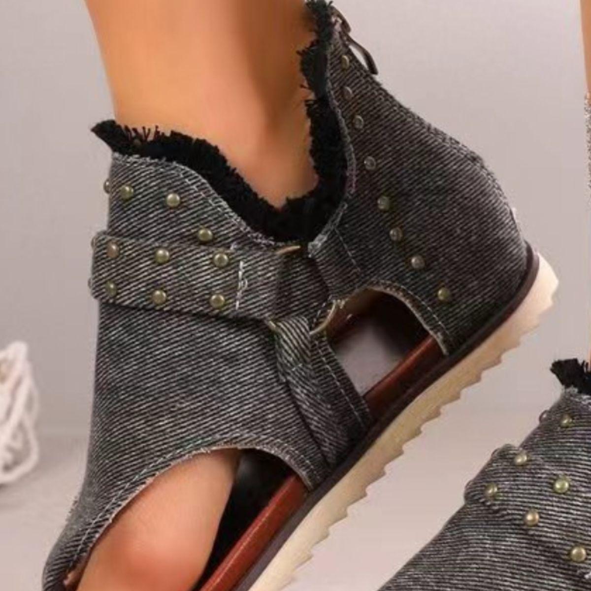 Studded Raw Hem Flat Sandals - NawdeX