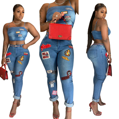 Cartoon patch cuffed jeans suit - NawdeX