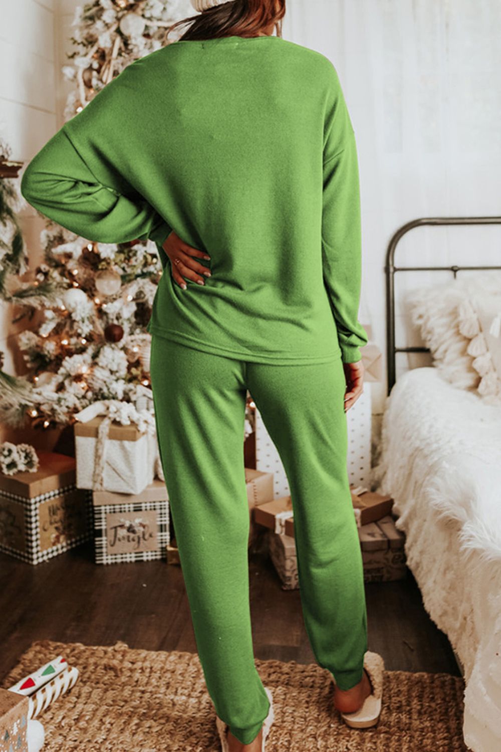Sequin Socks Round Neck Long Sleeve Top and Pants Lounge Set - NawdeX