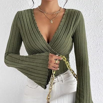 Ribbed Knit Deep V Wrap Top