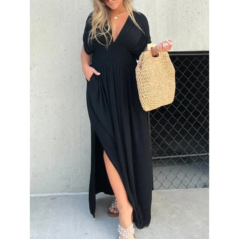 Fashion Bat-sleeved V-neck Slit Dress Summer