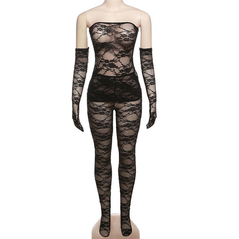 Women's Fashion Lace Tube Top High Waist Tight Body Stocking Long Pants Suit - NawdeX