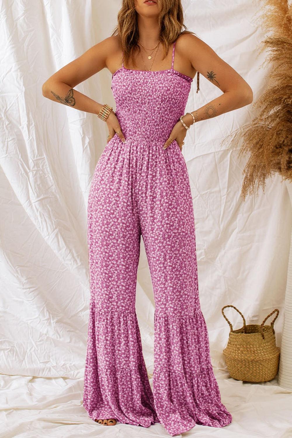Smocked Printed Wide Strap Jumpsuit - NawdeX