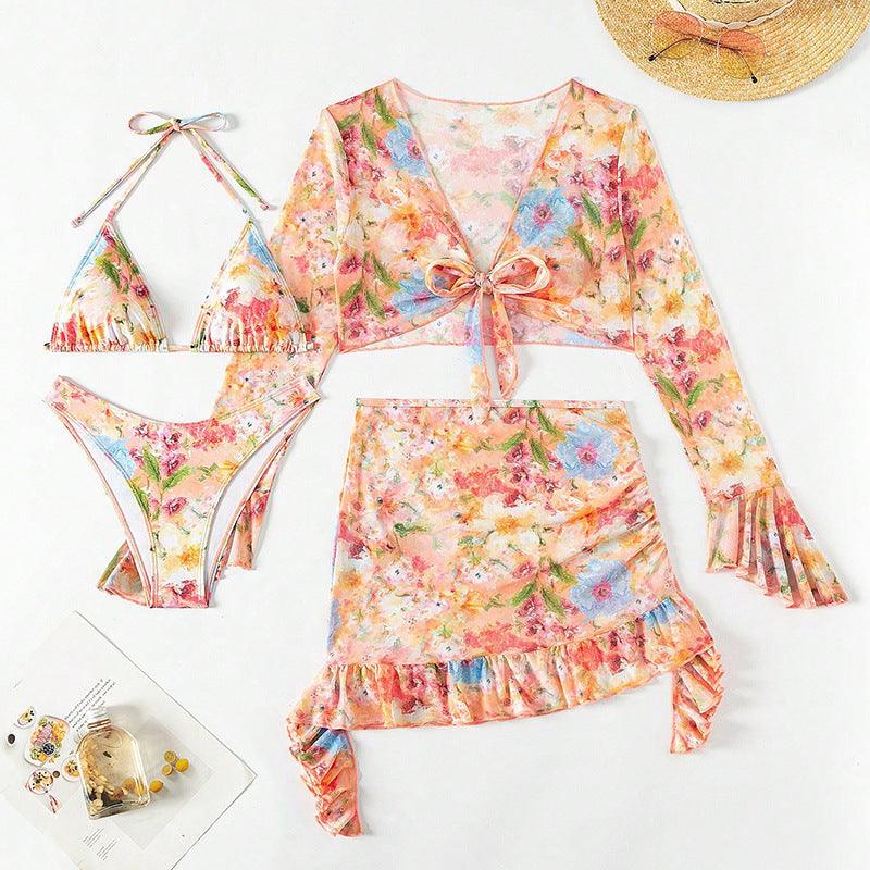 New European And American Printing Stylish Beach Dress Bikini Four-piece Suit - NawdeX
