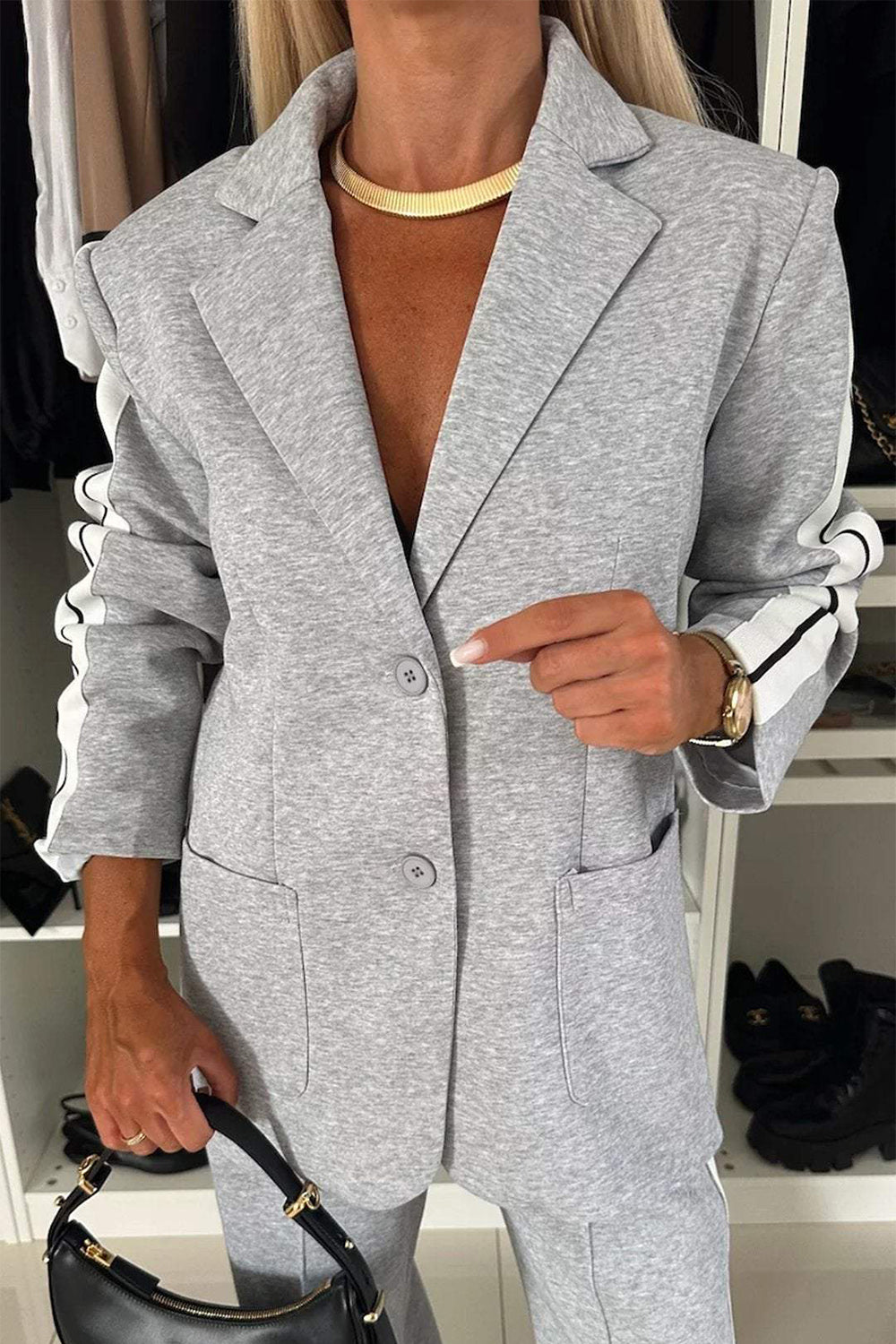 Full Size Contrast Lapel Collar Top and Pants Set - NawdeX