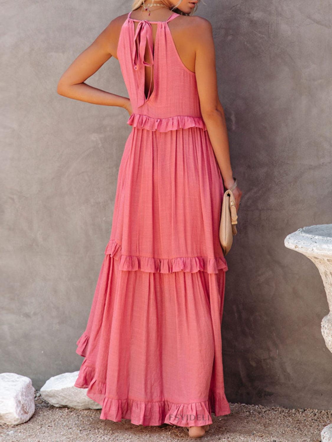 Ruffled Sleeveless Maxi Dress with Pockets - NawdeX