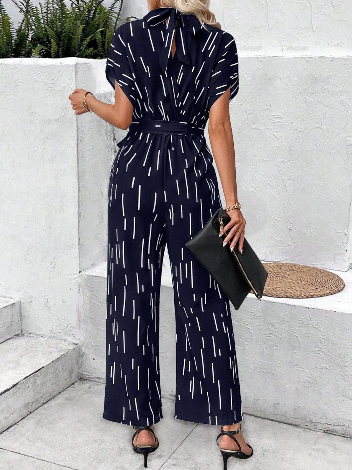 Tied Printed Mock Neck Wide Leg Jumpsuit - NawdeX