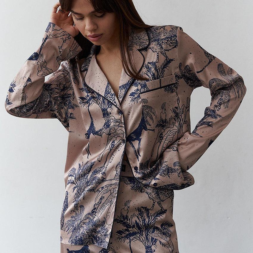 Women's Fashion Satin Printed Cardigan Pajamas Two-piece Set - NawdeX