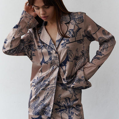 Women's Fashion Satin Printed Cardigan Pajamas Two-piece Set - NawdeX