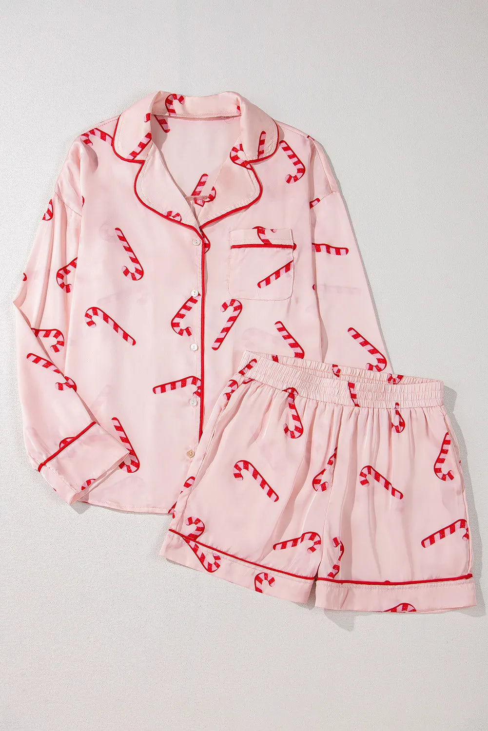 Candy Cane Collared Neck Long Sleeve Top and Shorts Lounge Set - NawdeX