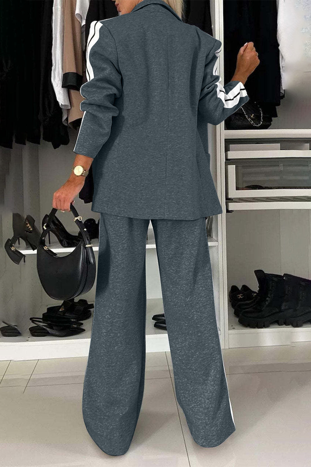 Full Size Contrast Lapel Collar Top and Pants Set - NawdeX