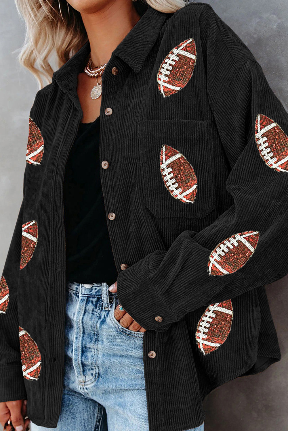 Sequin Football Button Up Long Sleeve Jacket - NawdeX