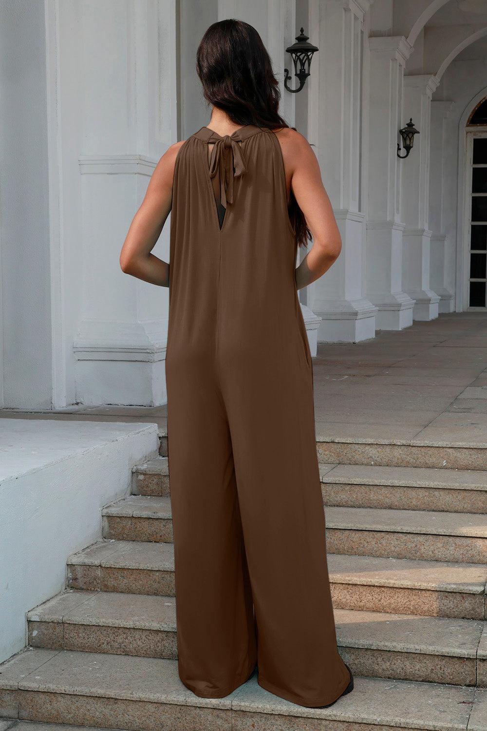 Double Take Full Size Tie Back Cutout Sleeveless Jumpsuit - NawdeX