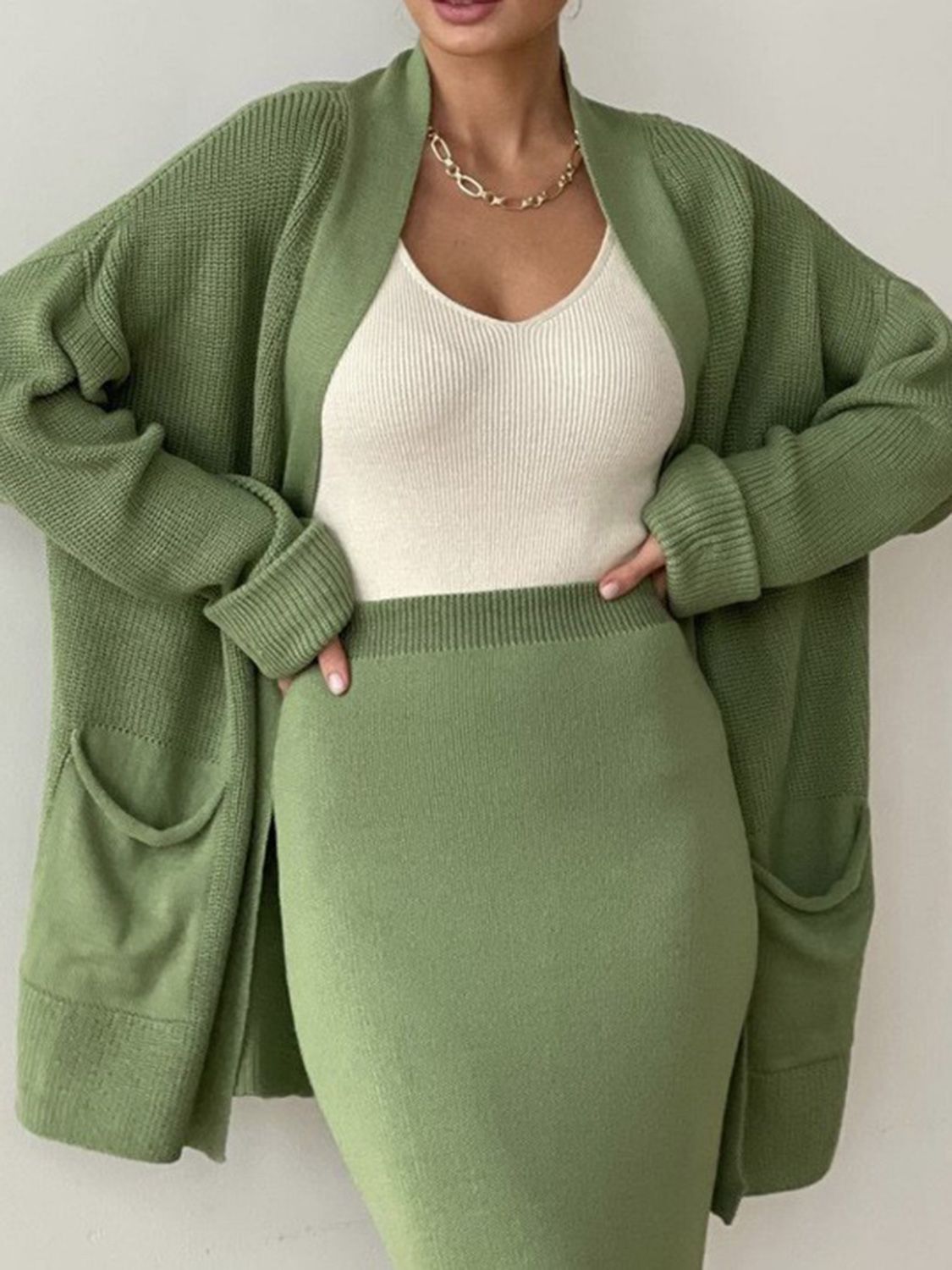 Pocketed Long Sleeve Cardigan and Skirt Sweater Set - NawdeX