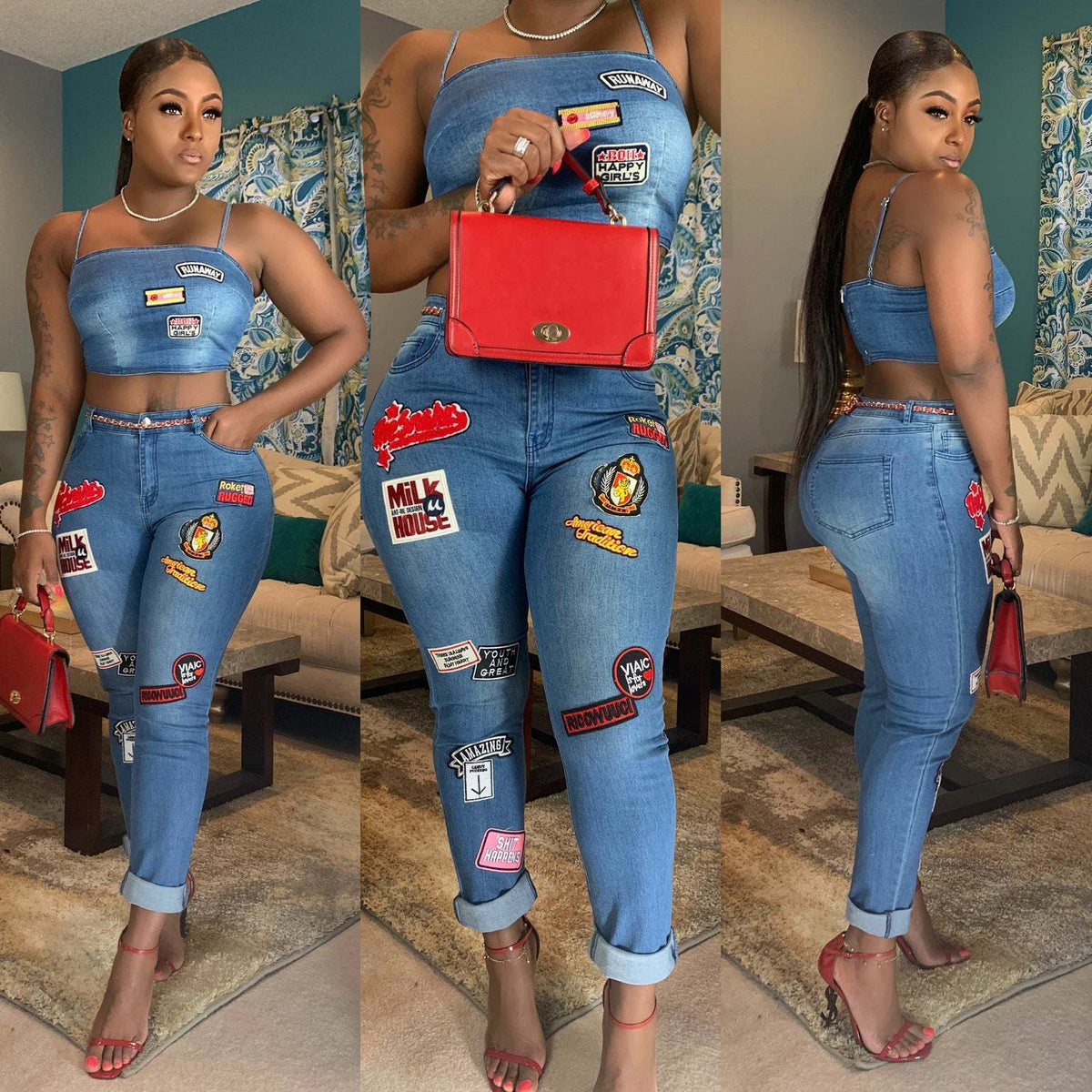 Cartoon patch cuffed jeans suit - NawdeX