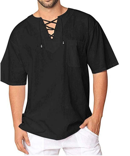 Eyelet Tie Cotton Linen Men's Short Sleeve Shirt - NawdeX